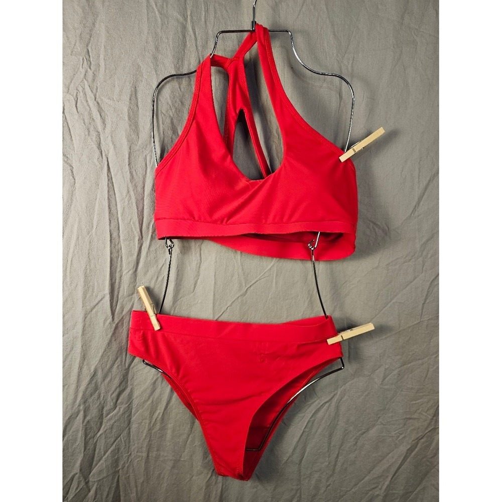 Red Asymmetrical Multi Strap Bikini Set High Leg Two Piece Swimsuit Large